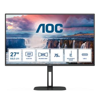 AOC 27, 2560x1440,  IPS, Flat, H/A 130 MM, USB-C DISPLAY, power delivery > 65 W, 75 Hz, FreeSync, USB HUB, SPEAKERS,  -, Low blue light, USB-Cx1, DPx1,  -, HDMIx1,  -, Brightness 300 cd/m2, V-LINE (Q27V5C/BK)