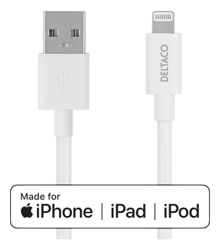 DELTACO USB A til lightning kabel 1m hvit Ladekabel til iPhone og iPad, PVC, MFI (IPLH-401)