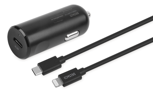 DELTACO USB car charger, 1x USB-C PD 20 W, 1 m Lightning cable, black (USBC-CAR124)