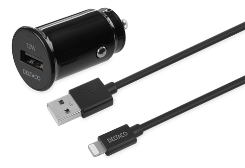 DELTACO USB car charger, 1x USB-A 2.4 A, 1 m Lightning cable, black (USB-CAR130)