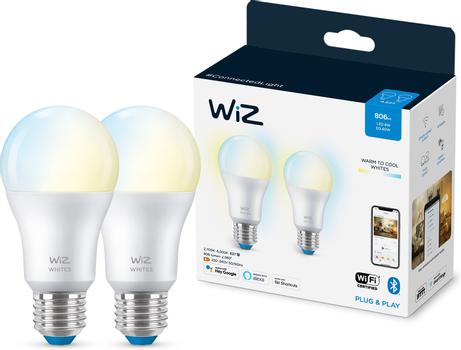 WiZ Standard E27 lyspære 2-pakning 8W plug-and-play,  Smart dimming WiFi/ Bluetooth,  WiZ-app, E27, 8W (929002383532)