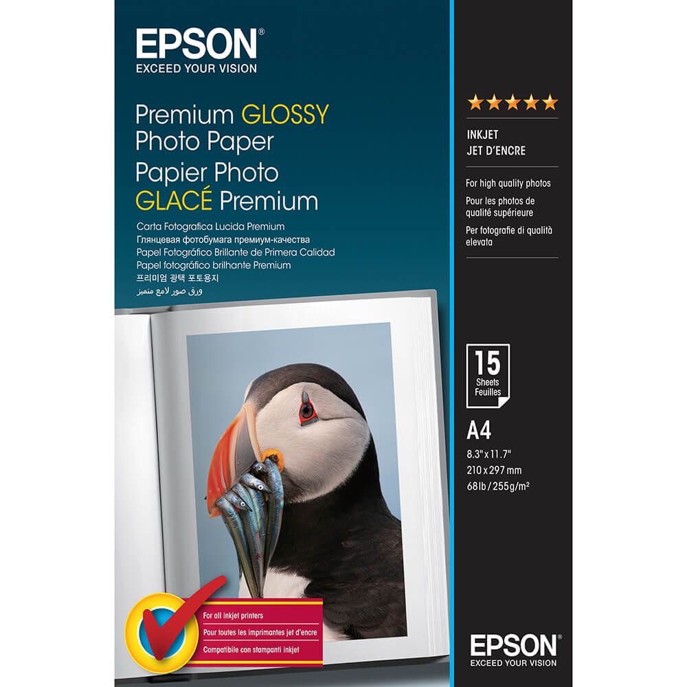 EPSON n Media, Media, Sheet paper, Premium Glossy Photo Paper, Office -  Photo Paper, Home - Photo Paper, Photo, A4, 210 mm x 297 mm, 255 g/m2, 15  Sheets, Singlepack | Synigo
