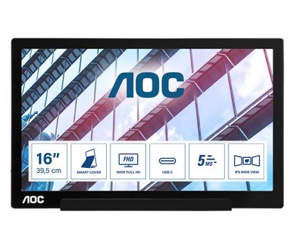 AOC I1601P - LED monitor - 16" (15.6" viewable) - portable - 1920 x 1080 Full HD (1080p) @ 60 Hz - IPS - 220 cd/m² - 800:1 - 4 ms - USB-C - black (I1601P)