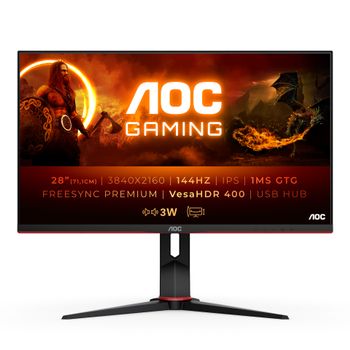 AOC Gaming U28G2XU/ BK - LED monitor - gaming - 28" - 3840 x 2160 4K @ 144 Hz - IPS - 370 cd/m² - 1000:1 - DisplayHDR 400 - 1 ms - 2xHDMI, 2xDisplayPort - speakers - black, red (U28G2XU/BK)