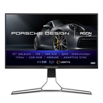 AOC C Gaming PD27S - Porsche Design - PDS Series - LED monitor - gaming - 27" - 2560 x 1440 QHD @ 170 Hz - IPS - 350 cd/m² - 1000:1 - DisplayHDR 400 - 1 ms - 2xHDMI, 2xDisplayPort - speakers - black (PD27S)