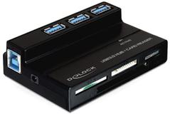 DELOCK USB 3.0 minneskortläsare och 3 portars hubb, 4 fack, svart