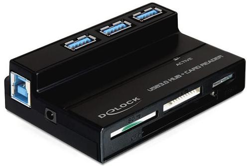 DELOCK USB 3.0 minneskortläsare och 3 portars hubb, 4 fack, svart (91721)