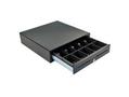 APG 4000 Slide-Out Cash Drawer, Black,SS Front, 457 x 424 x 107, MultiPRO 12/24v, Euro insert (5b/8c). Cable not included