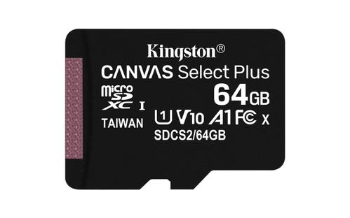 KINGSTON Canvas Select Plus - Flash memory card - 64 GB - A1 / Video Class V10 / UHS Class 1 / Class10 - microSDXC UHS-I (SDCS2/64GBSP)