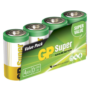 GP Super Alkaline Battery, Size D, LR20, 1.5V, 4-pack (151037)