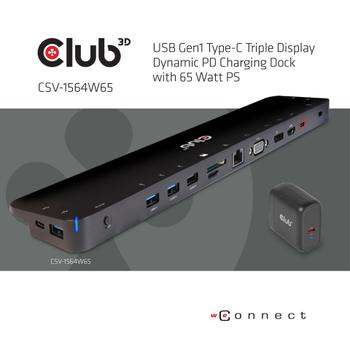 CLUB 3D USB 3.2 Gen1 Type C Triple Display Dynamic PD Charging Docking Station 65W (CSV-1564W65)