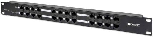 INTELLINET 12 Port PoE Patch Panel, 24 Port Patch Panel with, 12 port RJ45 Data In and 12 port RJ45 Data and Pow, er Out (720342)