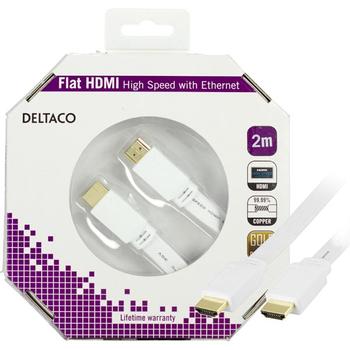 DELTACO flat HDMI cable, HDMI High Speed with Ethernet, 4K, 2m, white (HDMI-1020H-K)