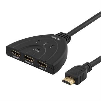 DELTACO HDMI Pigtail kytkin, auto/ manual HDMI-kytkin,  3-1, musta (HDMI-7001)
