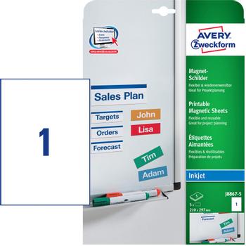 AVERY Magnetisk Klæbende skilt J8867 210x297mm 1 pr ark 5 ark i pakke (J8867-5)