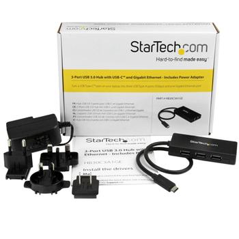 STARTECH 3-Port USB 3.0 Hub plus Gigabit Ethernet - USB-C - Includes Power Adapter (HB30C3A1GE)