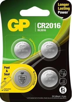 GP Lithium Cell Battery CR2016, 3V, Safety Seal, 4-pack (103379)