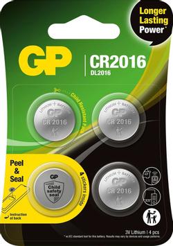 GP CR2016 Lithium knappcelle-batteri 4-pk 3V, Safety Seal (103379)