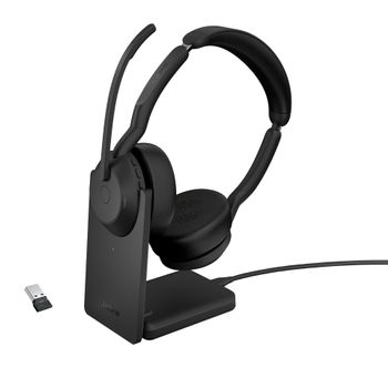 JABRA a Evolve2 55 UC Stereo - Headset - on-ear - Bluetooth - wireless - active noise cancelling - USB-C, USB-A - black - with charging stand - Zoom Certified,   Cisco Webex Certified,   Optimised for UC, Alcat (25599-989-989)