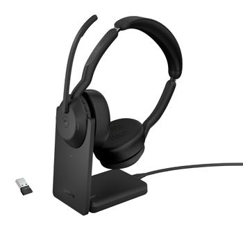 JABRA a Evolve2 55 MS Stereo - Headset - on-ear - Bluetooth - wireless - active noise cancelling - USB-A - black - with charging stand - Zoom Certified,   Cisco Webex Certified,   Optimised for Microsoft Teams, (25599-999-989)