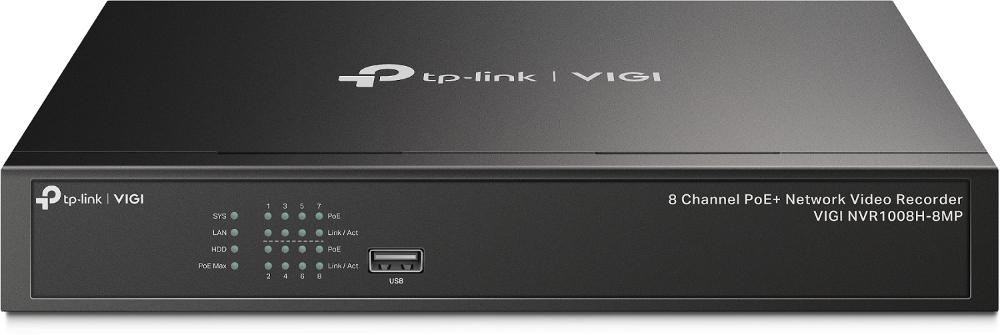 TP-LINK 8 Channel PoE Network Video Recorder SPEC: H.265+/ H.265/ H.264+/ H.264,   Up to 8MP resolution,   Decoding capability/ 8-ch@2MP/ 4-ch @4MP, 80 Mbps Incoming Bandwidth(up to 8 channels),  8Ã 10/100 Mbps PoE+ (VIGI NVR1008H-8MP)