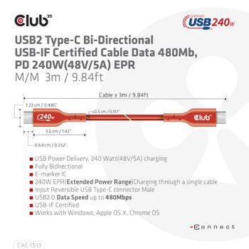 CLUB 3D USB2 Type-C Bi-Directional USB-IF Certified Cable Data 480Mb PD 240W 48V/5A EPR M/M 3m 9.84 ft (CAC-1513)