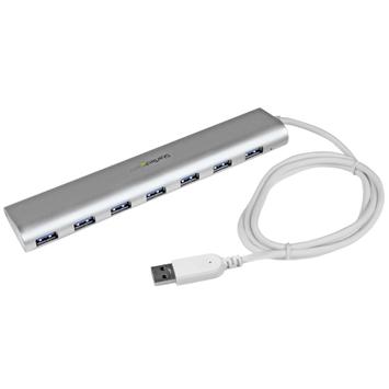 StarTech 7 Port Compact USB 3.0 Hub with Built-in Cable - Aluminum USB Hub - Silver USB3 Hub with 20W Power Adapter (ST73007UA) - USB-periferdelesvitsj - 7 porter (ST73007UA)