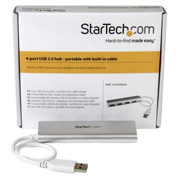 StarTech 4 Port Portable USB 3.0 Hub with Built-in Cable - Aluminum and Compact USB Hub (ST43004UA) - hub - 4 porter (ST43004UA)