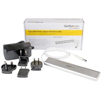 StarTech 7 Port Compact USB 3.0 Hub with Built-in Cable - Aluminum USB Hub - Silver USB3 Hub with 20W Power Adapter (ST73007UA) - USB-periferdelesvitsj - 7 porter (ST73007UA)