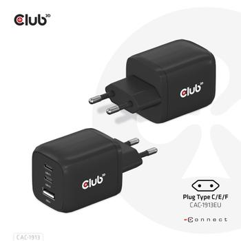 CLUB 3D Travel Charger 65W GAN technology 1xType-C 2xType-C PD 3.0 support (CAC-1913EU)