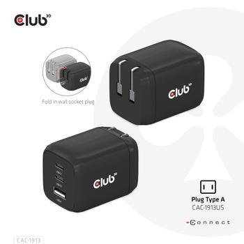CLUB 3D Travel Charger 65W GAN technology 1xType-C 2xType-C PD 3.0 support (CAC-1913EU)