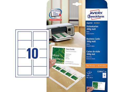 AVERY Business Card Single Sided 10 Per Sheet 200gsm Matt (Pack 250) C32011-25 (C32011-25)