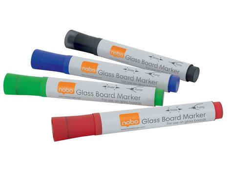 NOBO Glass Whiteboard Marker Bullet Tip 3mm Line Assorted Colours (Pack 4) 1905324 (1905324)
