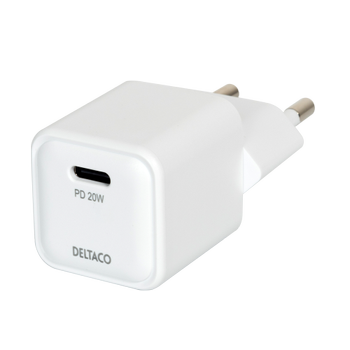 DELTACO USB-C mini wall charger, 1x USB-C, PD 20 W, white (USBC-AC150)
