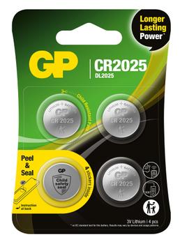 GP Lithium Cell Battery CR2025, 3V, Safety Seal, 4-pack (103380)