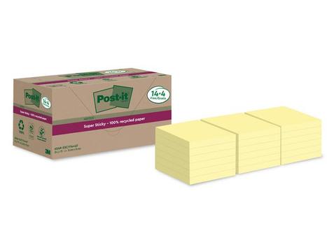 POST-IT Super Sticky 100% Recycled Notes  Canary Yellow 76 x 76 mm 70 Sheets Per Pad (Pack 18 14+4 Free) 7100284878 (7100284878)