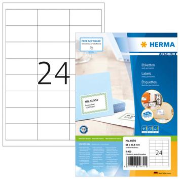 Herma Premium - Papir - matt - permanent selv-adhesiv - hvit - 66 x 33.8 mm 2400 etikett(er) (100 ark x 24) laminerte etiketter (4670)
