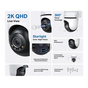 TP-LINK Outdoor Pan/Tilt Security Wi-Fi Camera 2K QHD 2560x1440 2.4GHz 2T2R 2x External Antennas 1x Ethernet Port (TAPO C520WS)