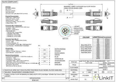 LinkIT F/UTP Slim Cat.6a Svart   0,3m Patch LSZH AWG28/1 Solid, Snagless 4,7mm (SFTPC6A-0030M-SV)