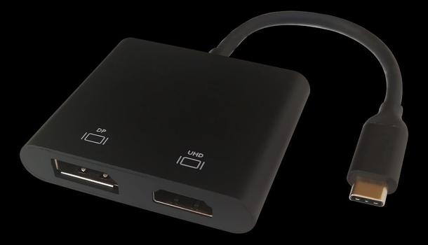 DELTACO USB-C MST HUB, 2x 4K/60Hz, HDMI + DP, svart, 0,1m (USBC-HDDP)