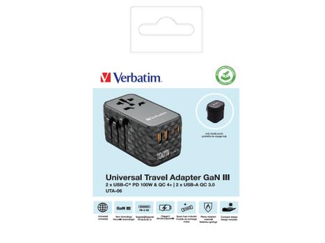 VERBATIM UTA-06 GaN III Universal Travel Adapter with 2 x USB-C PD (32121)