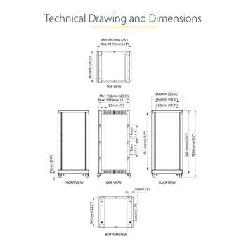 STARTECH 25U Server Rack - Open Frame Adjustable Depth 4 Post Rack (4POSTRACK25U)