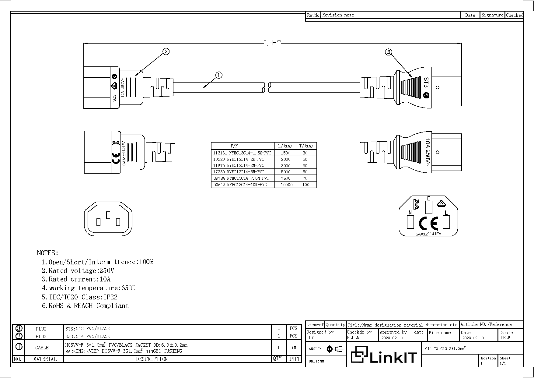 LinkIT strømkabel C13/C14 svart 3m PVC , 3 x 1,00 mm² , H05VV-F (NYEC13C14-3M-PVC)