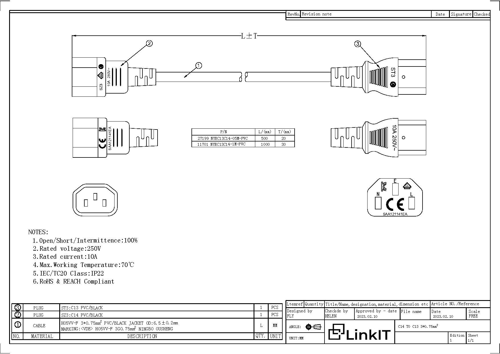 LinkIT strømkabel C13/C14 svart  0,5m PVC , 3 x 0,75 mm² (NYEC13C14-05M-PVC)