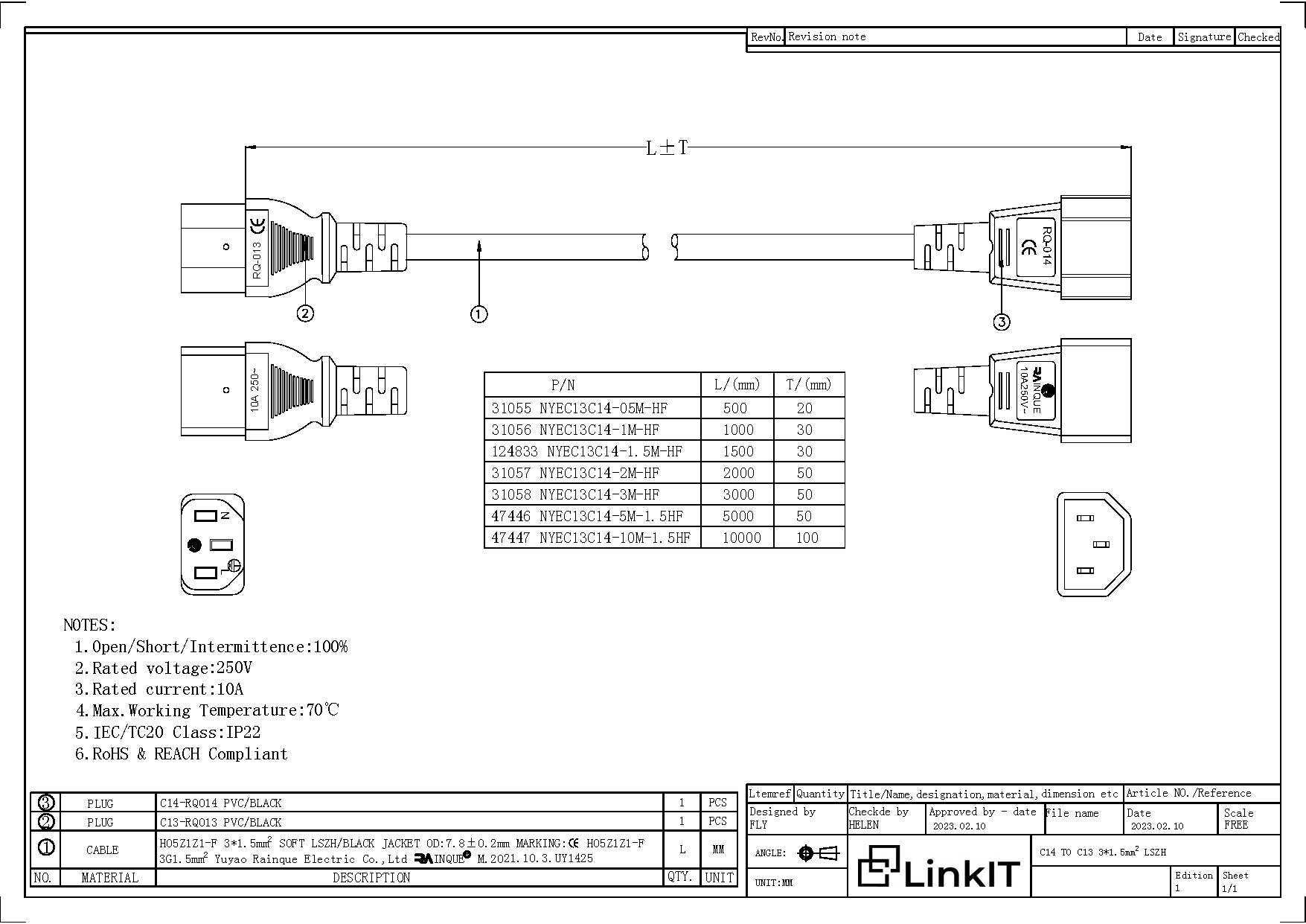 LinkIT strømkabel C13/C14 svart 2m 3 x1,5 mm² | LSZH halogenfri (NYEC13C14-2M-HF)