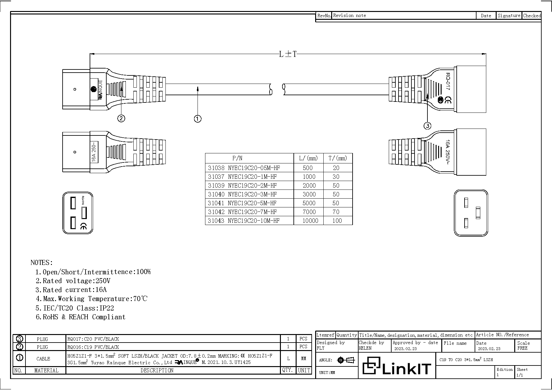 LinkIT strømkabel C19/C20 svart 0,5m 3 x 1,5 mm² , LSZH (NYEC19C20-05M-HF)
