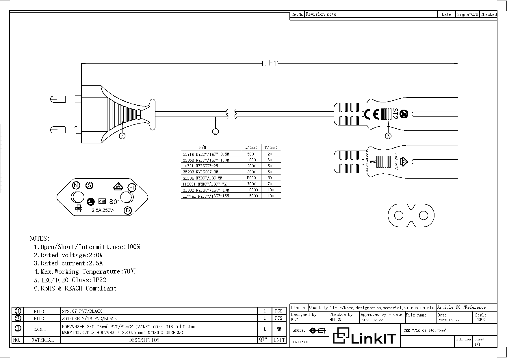 LinkIT strømkabel CEE7/16 - C7 svart 1m Euro - C7 , 2 x 0,75mm² , PVC (NYESCC7-1M)