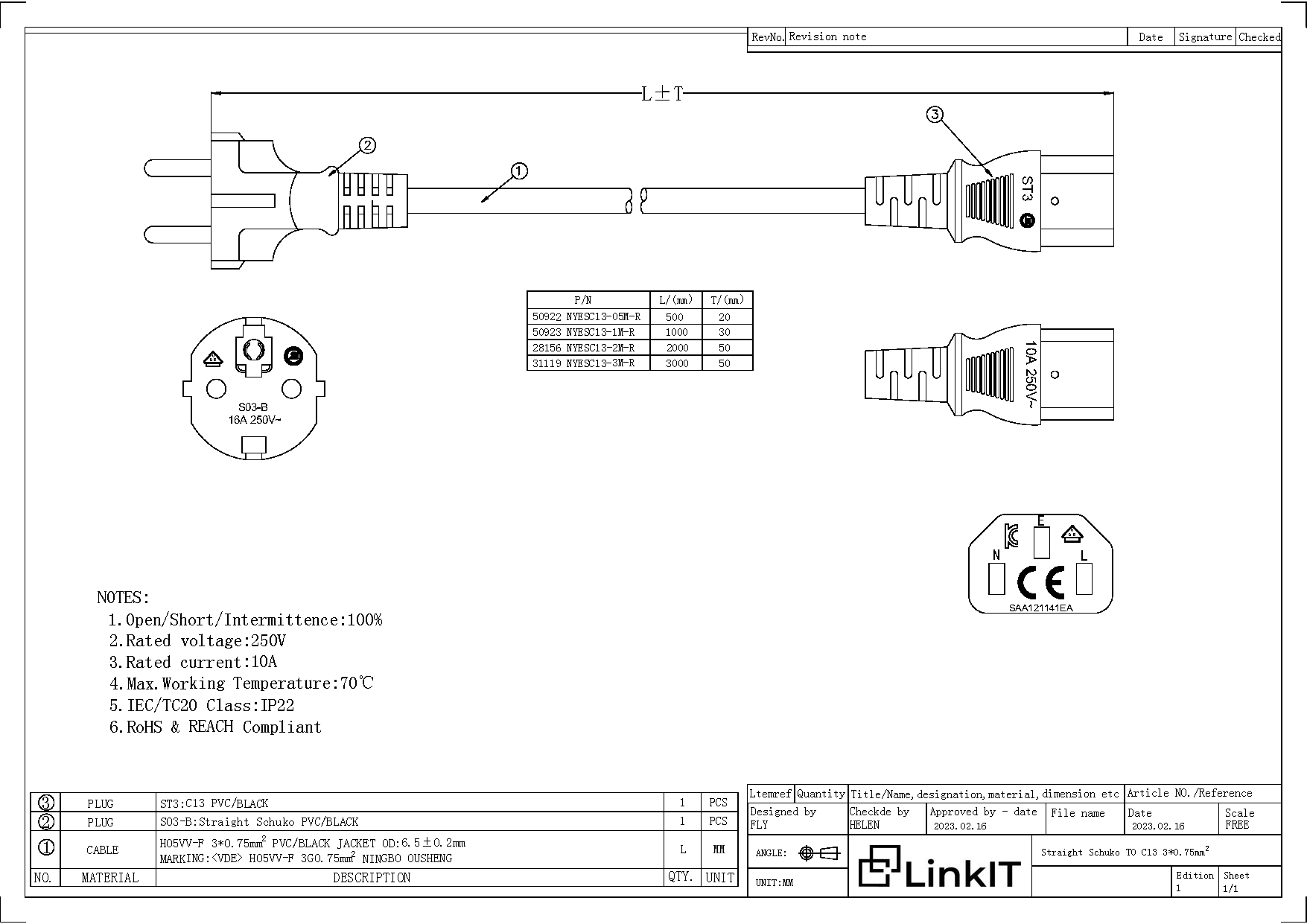 LinkIT strømkabel CEE 7/7 - C13 svart 3m PVC , 3 x 0,75 mm² (NYESC13-3M-R)