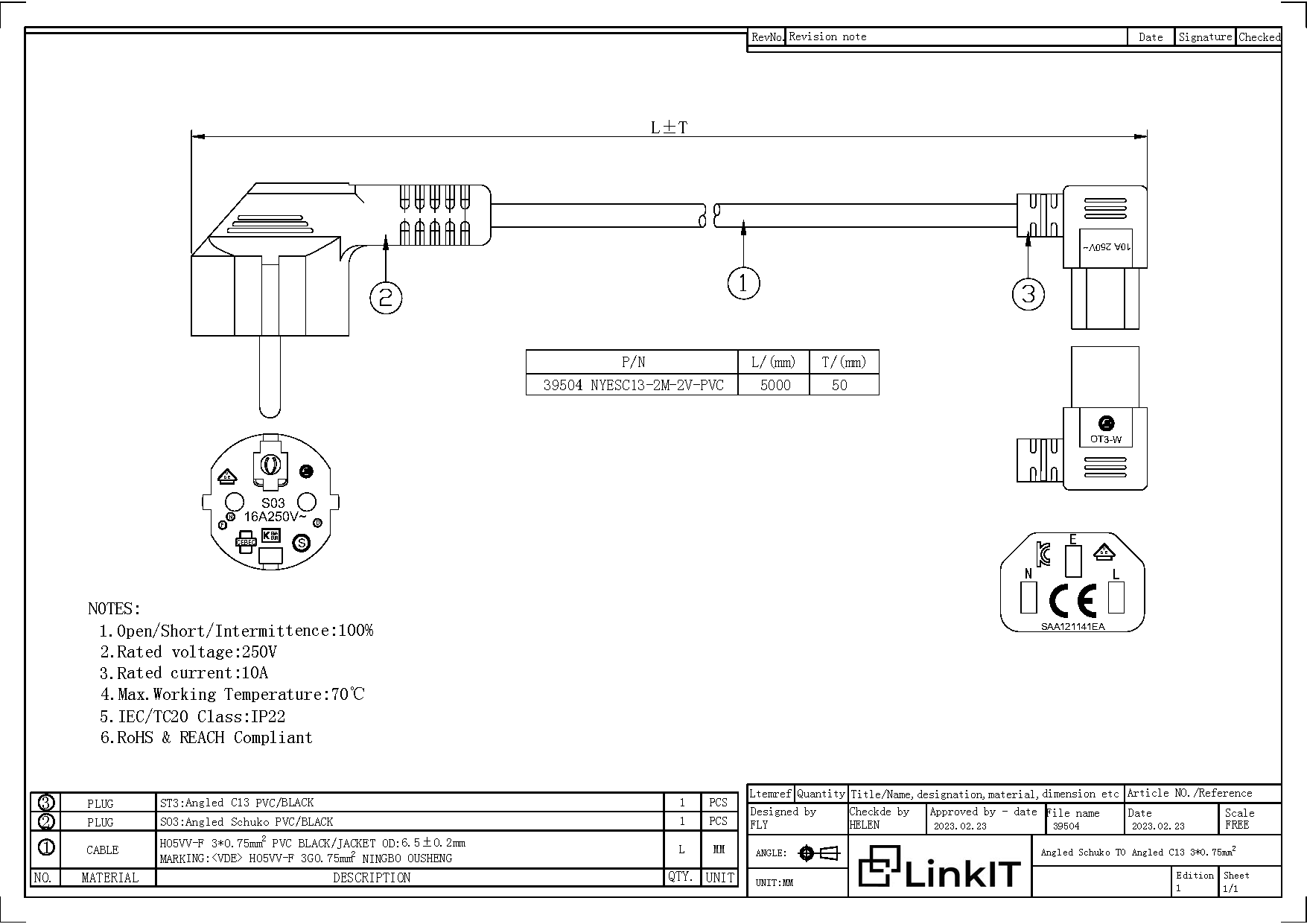LinkIT strømkabel CEE 7/7 - C13 svart 2m vinklet | 3x0,75mm² | PVC (NYESC13-2M-2V-PVC)