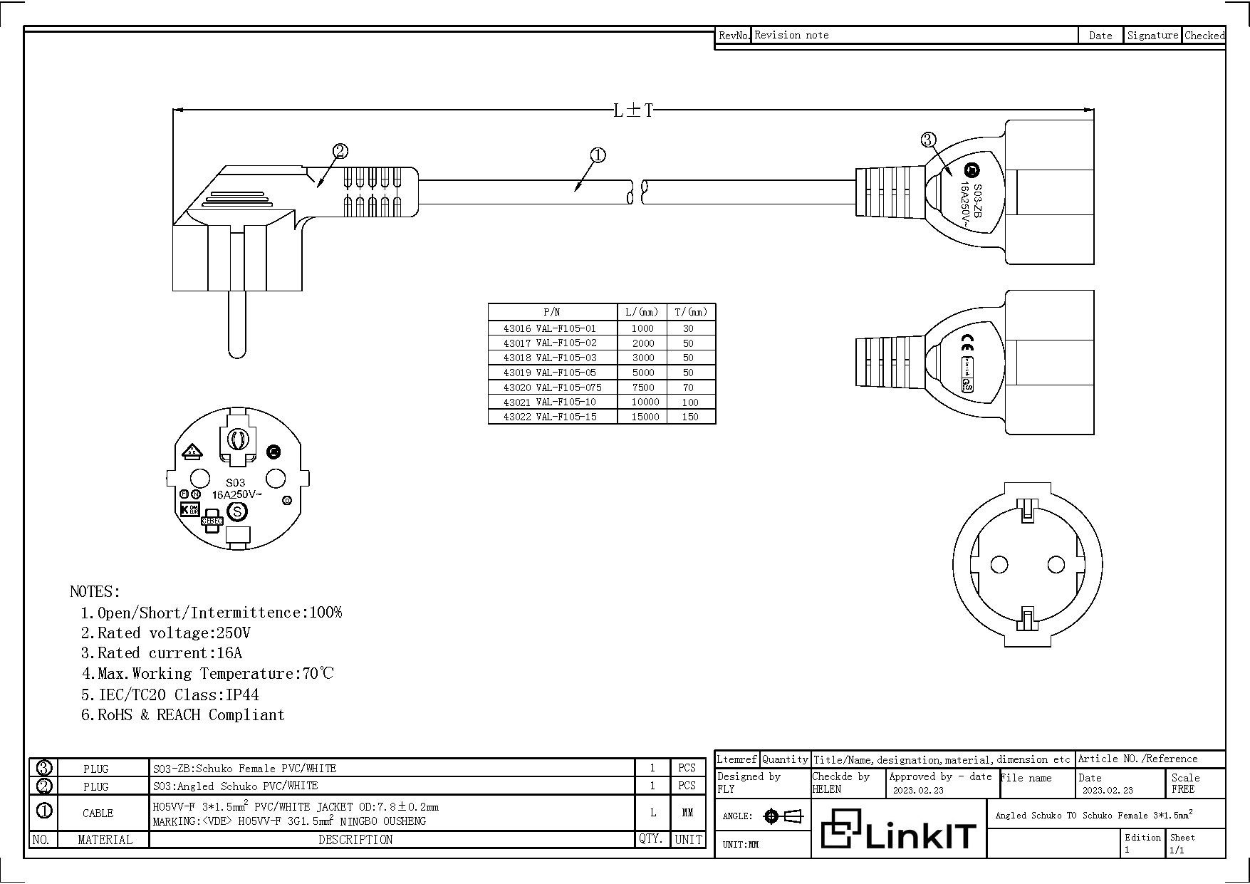 LinkIT strømkabel skjøt Schuko 10m CEE 7/7 - CEE 7/4 ,  3x1,5mm² , 16A/230V (VAL-F105-10)
